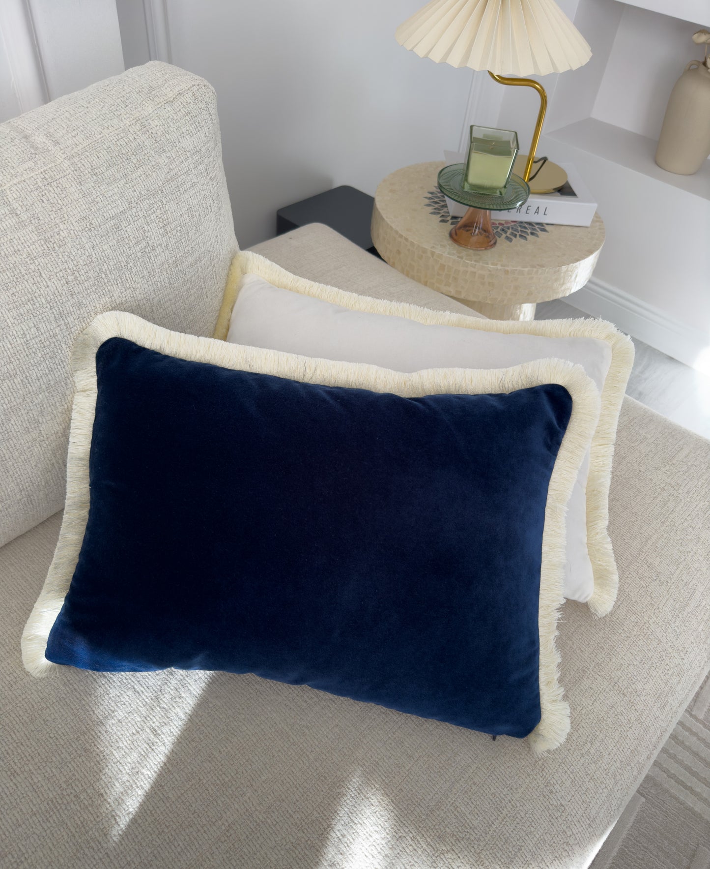 Velvet Navy Blue Cushion Cover with Cream Fringe (All Sizes)