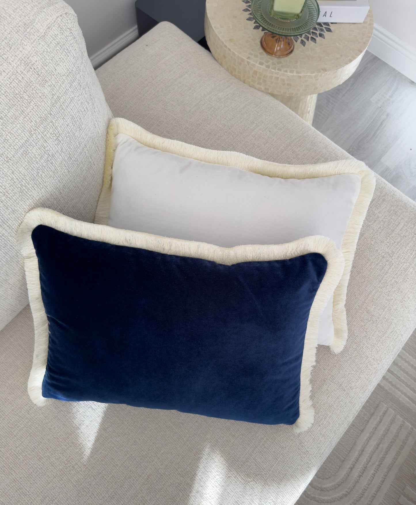 Velvet Navy Blue Cushion Cover with Cream Fringe (All Sizes)