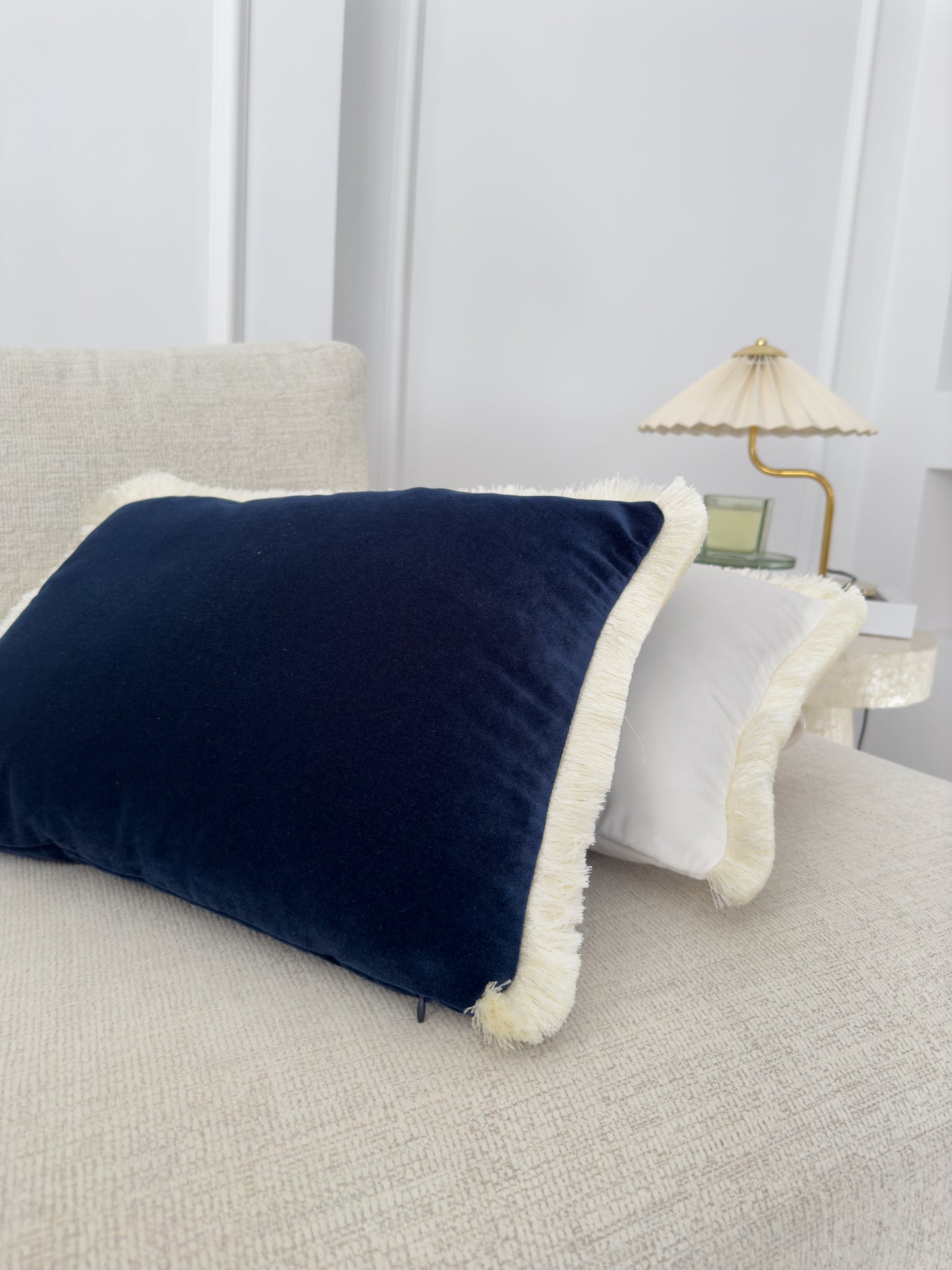 Velvet Navy Blue Cushion Cover with Cream Fringe (All Sizes)