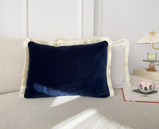 Velvet Navy Blue Cushion Cover with Cream Fringe (All Sizes)