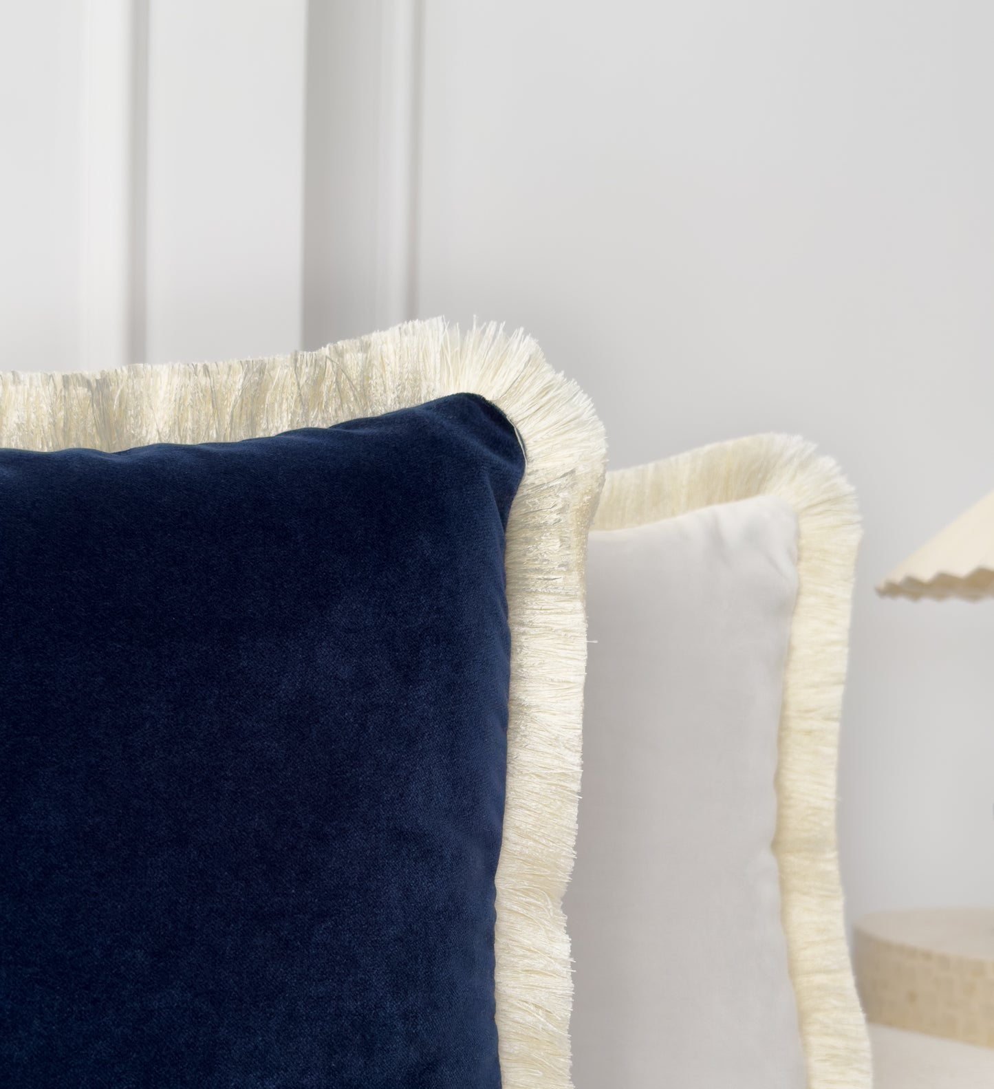 Velvet Navy Blue Cushion Cover with Cream Fringe (All Sizes)