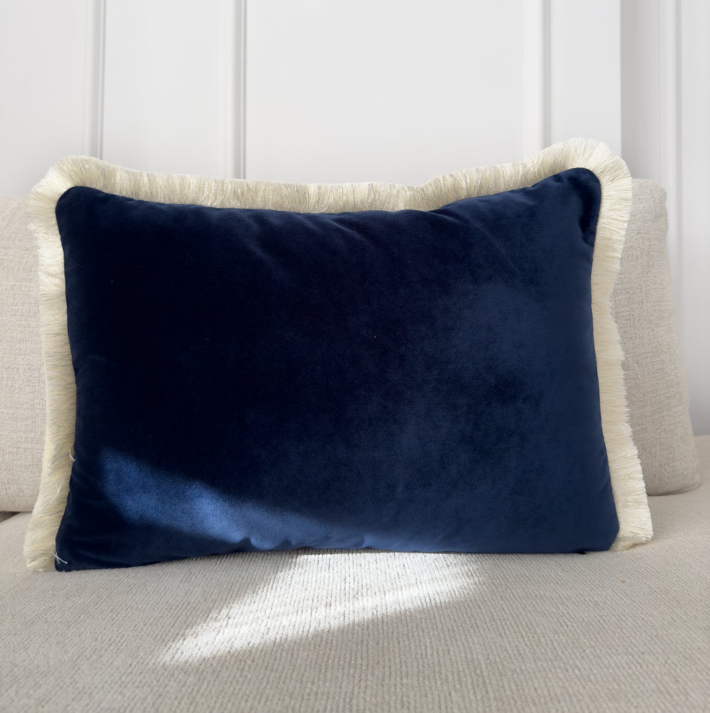 Velvet Navy Blue Cushion Cover with Cream Fringe (All Sizes)