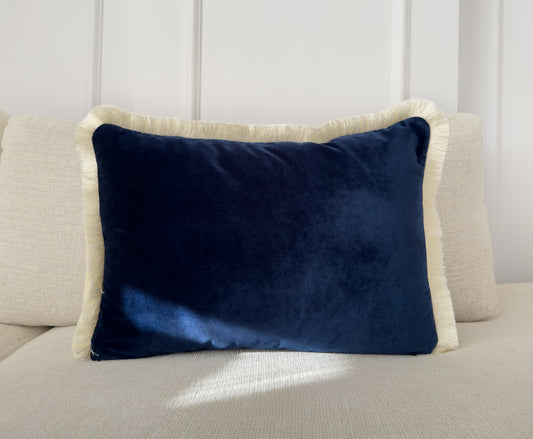 Velvet Navy Blue Cushion Cover with Cream Fringe (All Sizes)