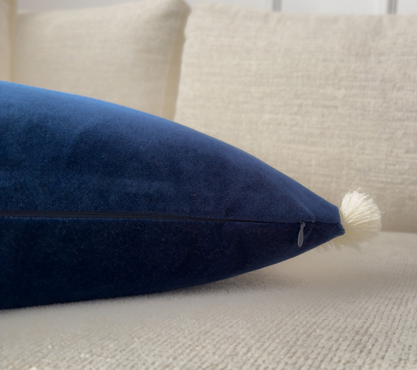 Velvet Navy Blue Cushion Cover with Cream Fringe (All Sizes)