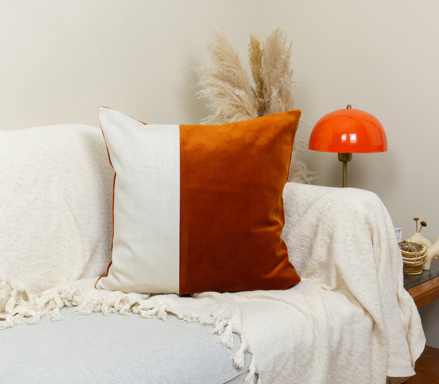 Velvet Colourblock Burnt Orange Velvet Cosy Cream Linen Colourblock Cushion Cover Scatter Home Decor Pillow (All Sizes)