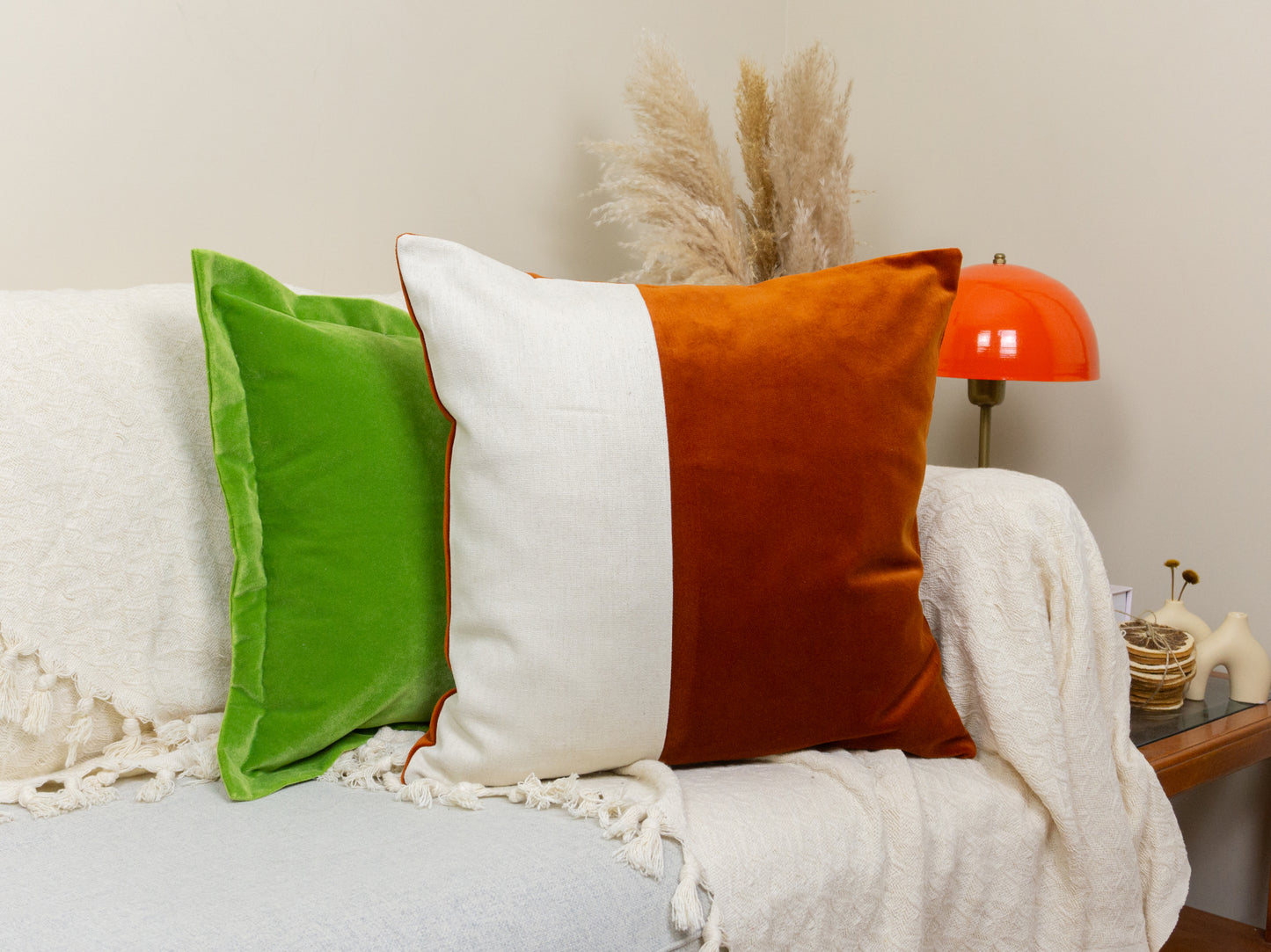 Velvet Colourblock Burnt Orange Velvet Cosy Cream Linen Colourblock Cushion Cover Scatter Home Decor Pillow (All Sizes)