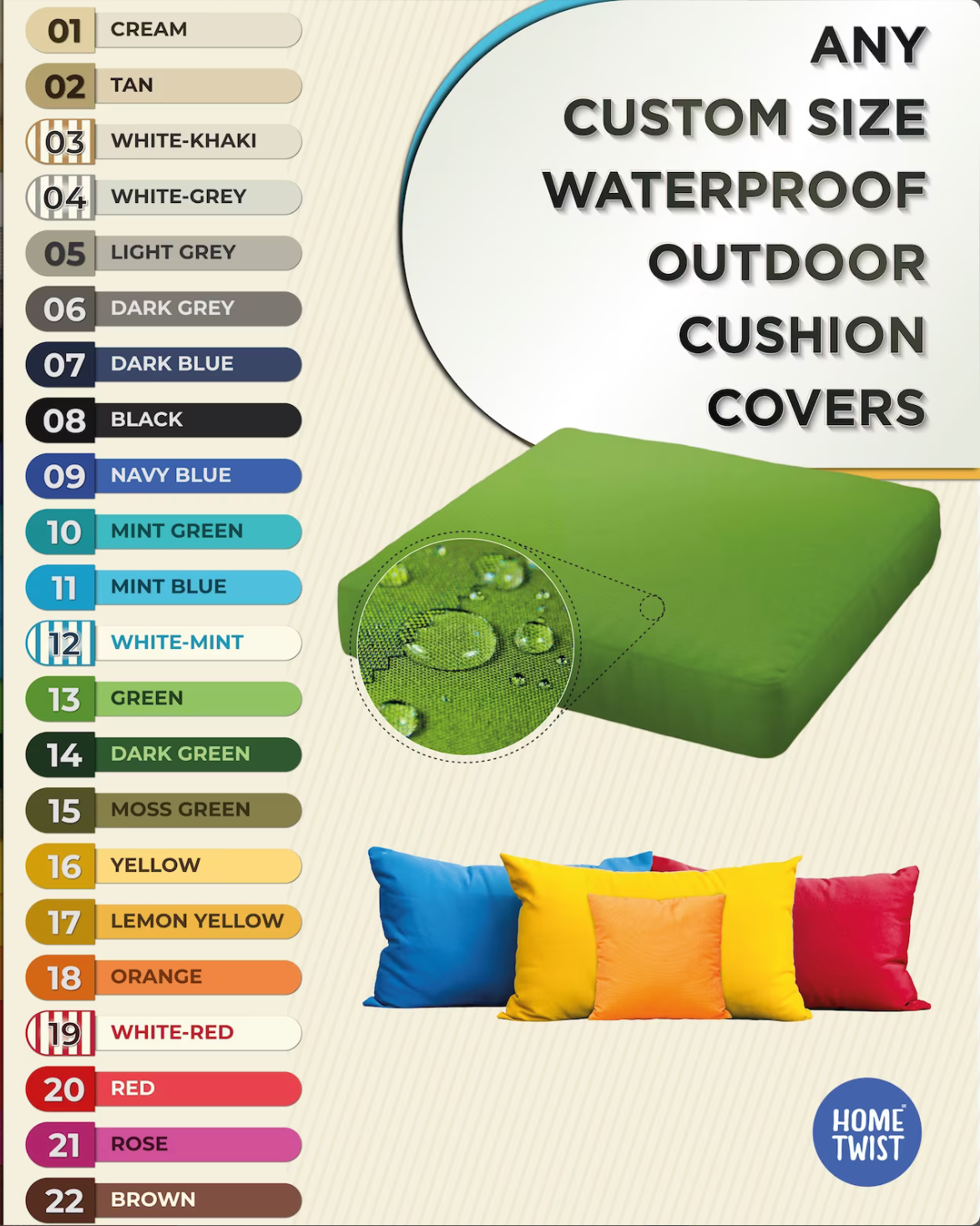 Colourful Water Resist Outdoor Cushions, Garden Cushions, Outdoor Pillow Covers, (22 Colour)