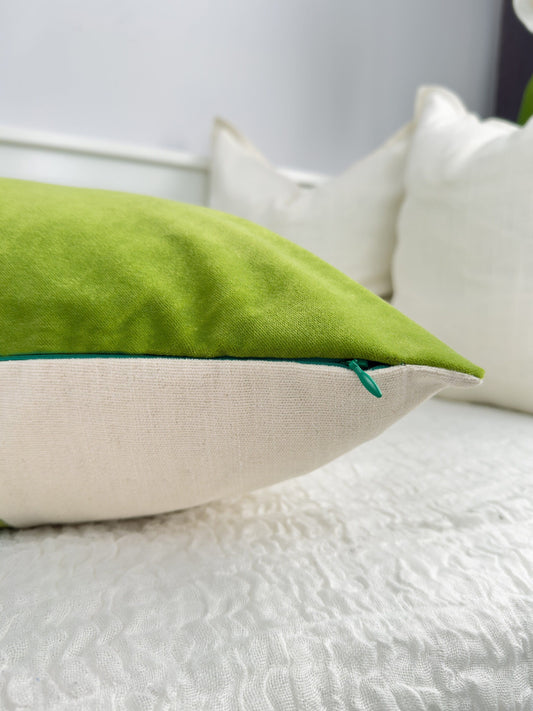 Apple Green Velvet Cosy Cream Linen Colourblock Cushion Cover, Colourblock Scatter Cushion Covers (All Sizes)