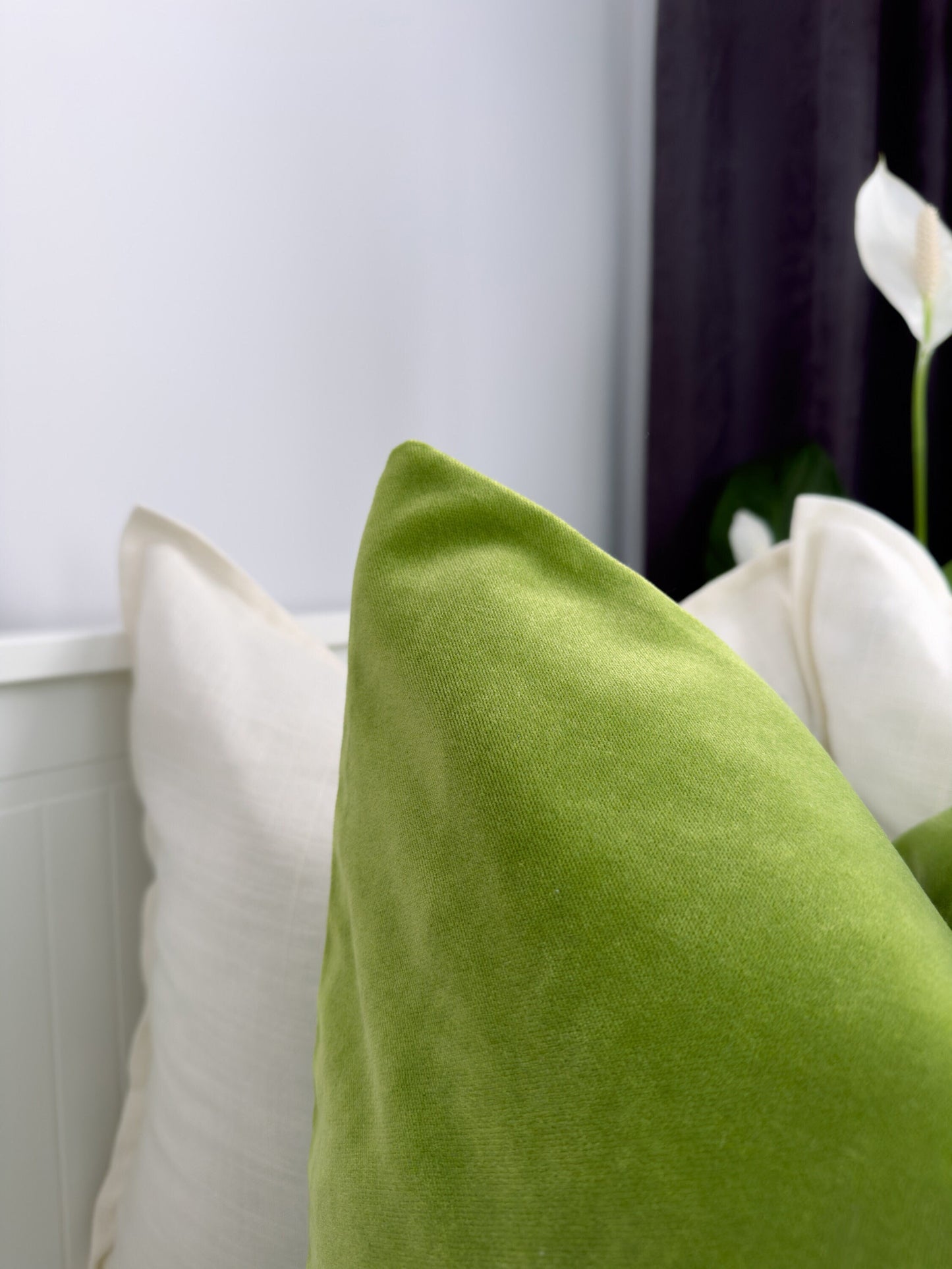 Apple Green Velvet Cosy Cream Linen Colourblock Cushion Cover, Colourblock Scatter Cushion Covers (All Sizes)