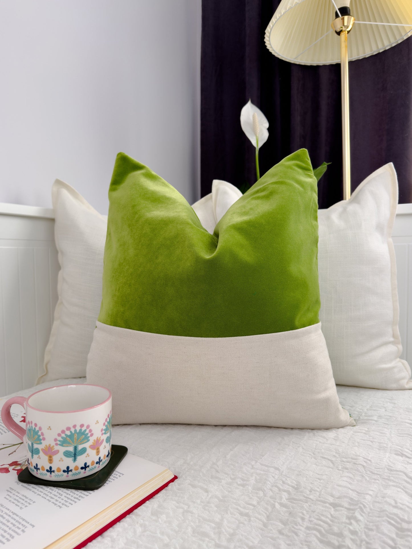 Apple Green Velvet Cosy Cream Linen Colourblock Cushion Cover, Colourblock Scatter Cushion Covers (All Sizes)