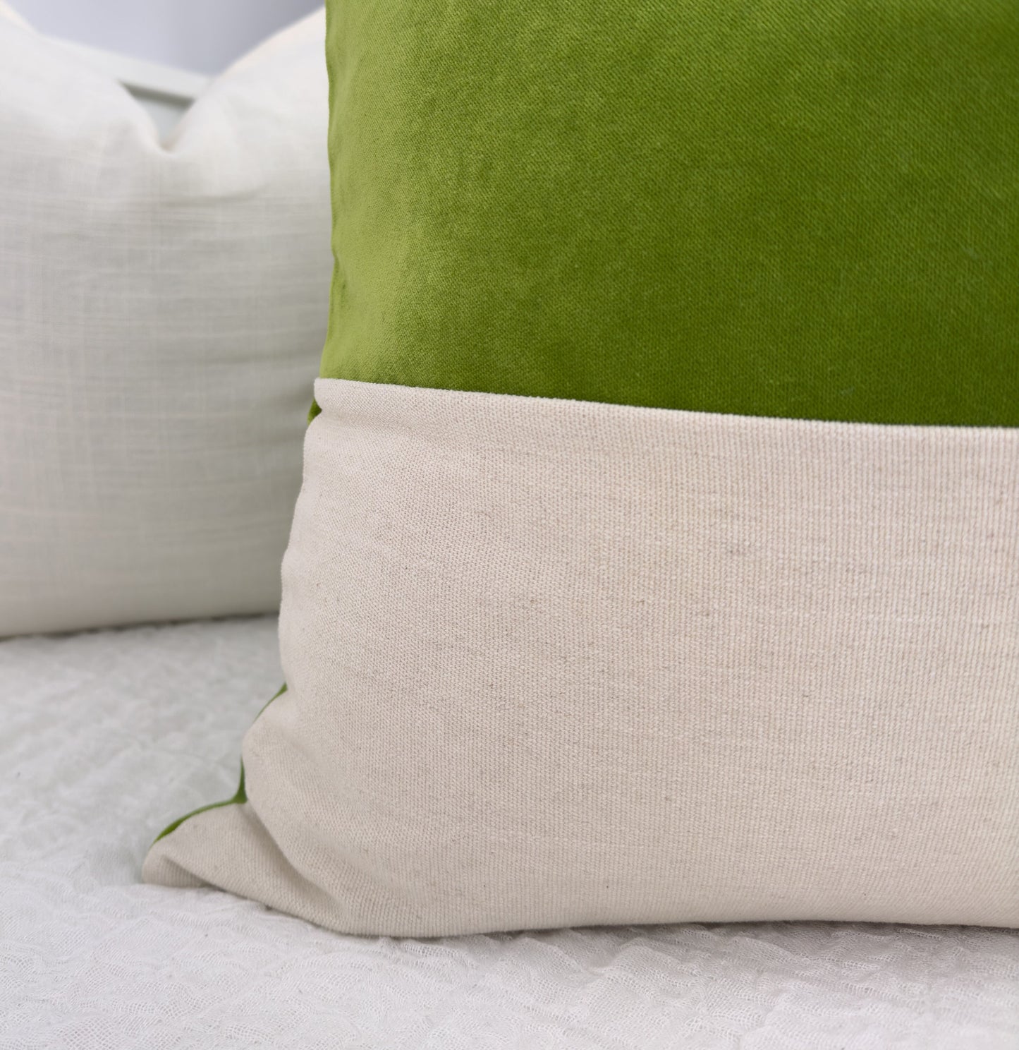 Apple Green Velvet Cosy Cream Linen Colourblock Cushion Cover, Colourblock Scatter Cushion Covers (All Sizes)