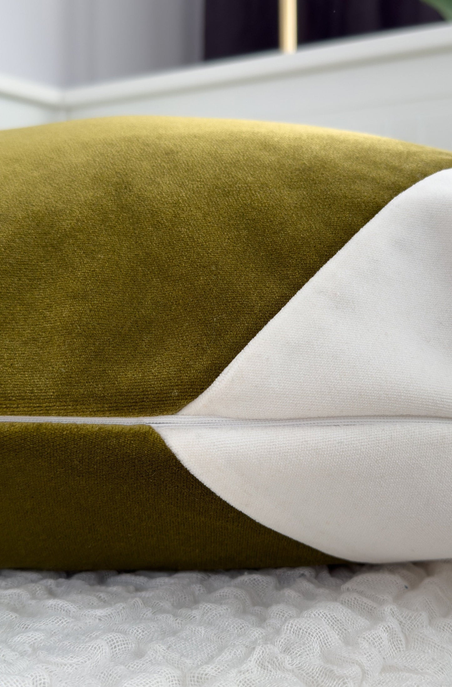 Velvet Colourblock Cover Khaki Green Off White Scatter Cushion Cover (All Sizes)