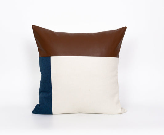 Colourblock Cushion Cover Suede Leather Navy Blue Cream Linen Scatter Cushion Cover