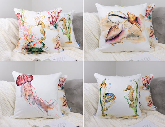 Sea Animals Pattern Design Set of 4 Decorative Cushion Cover Set 18"x18"