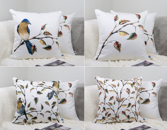 Bird & Leaf Pattern Design Set of 4 Velvet Cushion Set 18" x 18" for Home, Livingroom, Bedroom, Garden and Nursery Decor