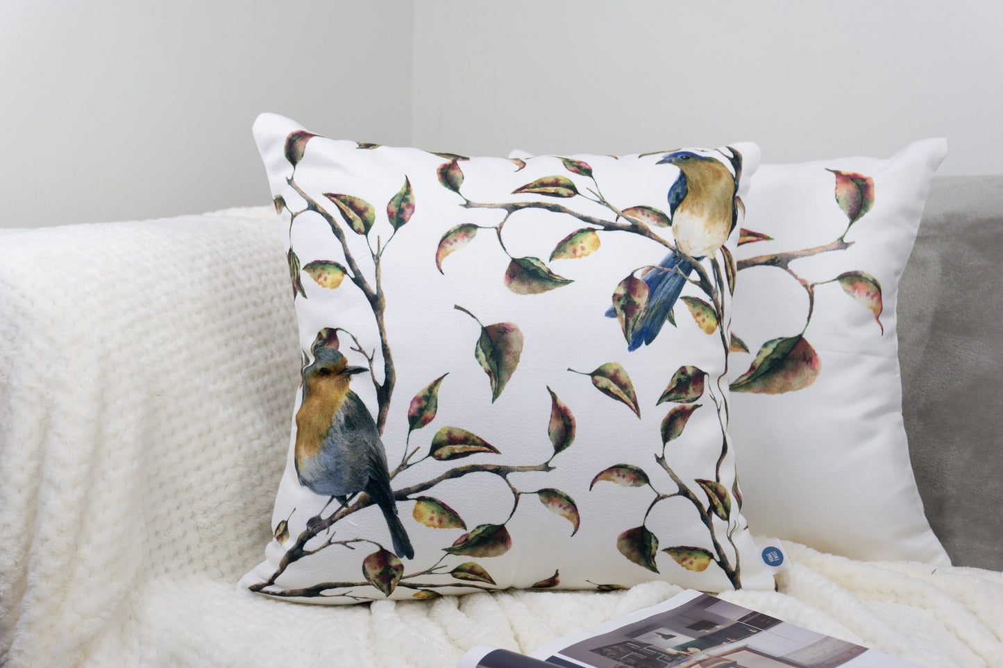 Bird & Leaf Pattern Design Set of 4 Velvet Cushion Set 18" x 18" for Home, Livingroom, Bedroom, Garden and Nursery Decor