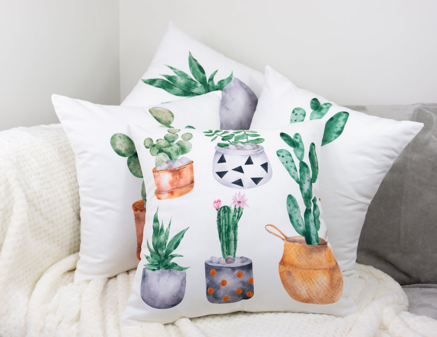 Cactus Pattern Design Set of 4 Velvet Cushion Set 18" x 18" for Home, Livingroom, Bedroom, Garden and Nursery Decor