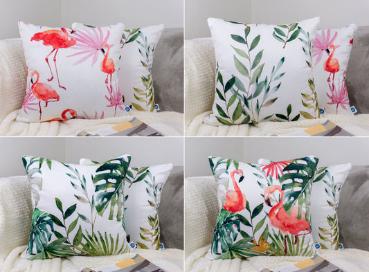 Decorative Set of 4 Cushion Covers, Flamingo Cushion, Plant Cushion 45x45cm, 18x18Inches Pillow Covers.