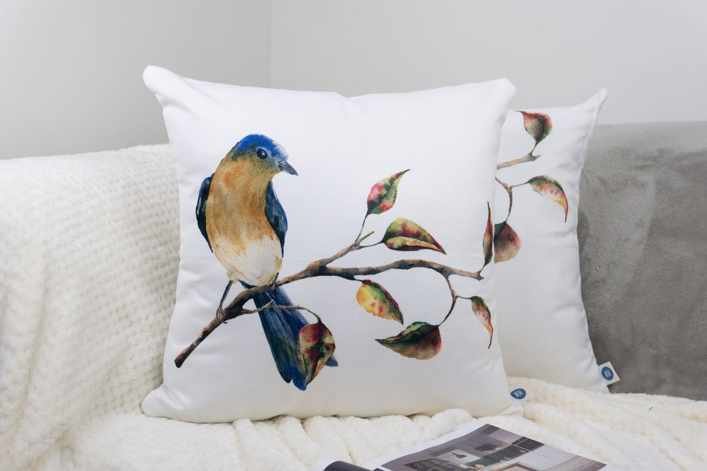 Bird & Leaf Pattern Design Set of 4 Velvet Cushion Set 18" x 18" for Home, Livingroom, Bedroom, Garden and Nursery Decor