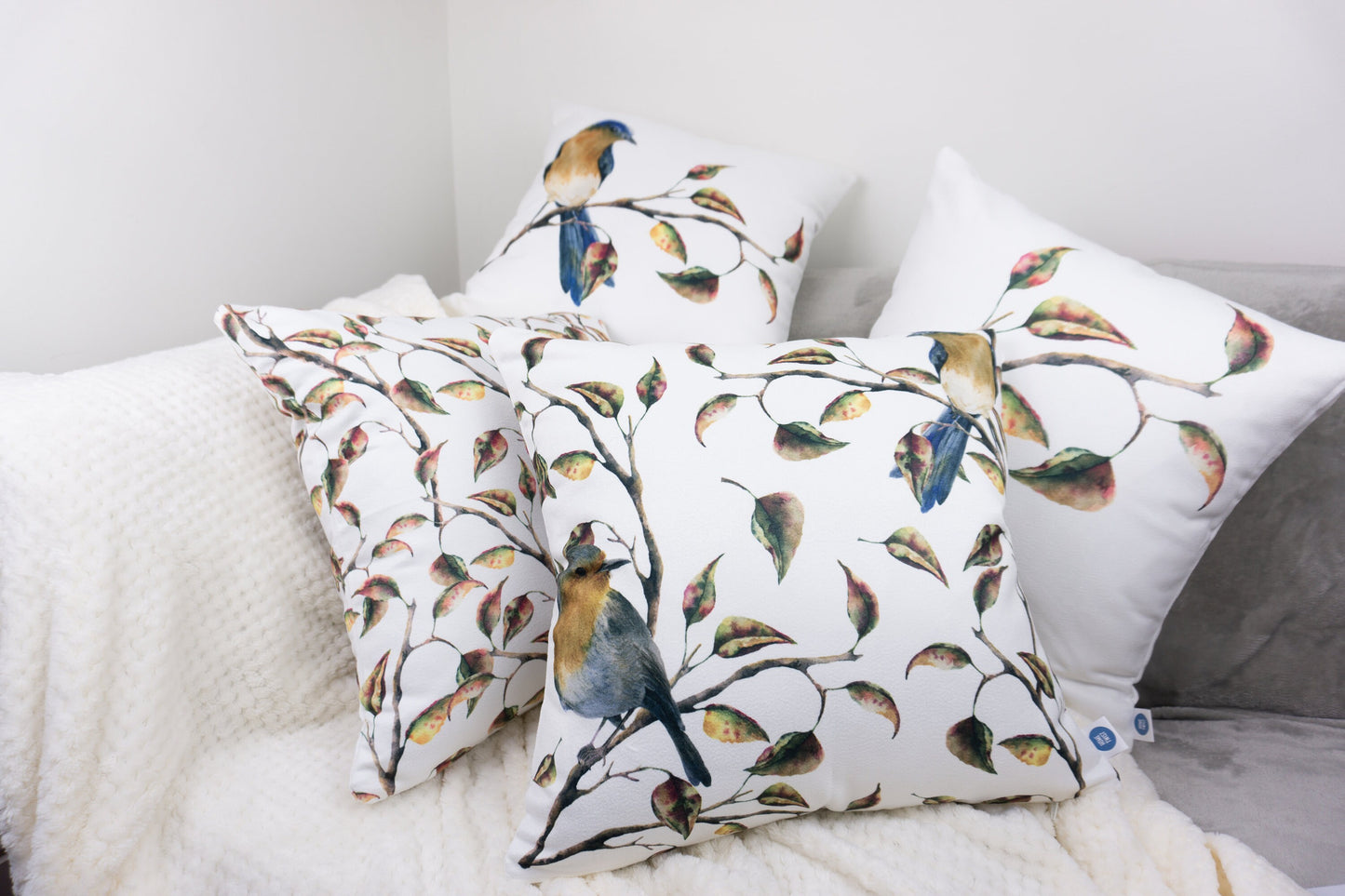 Bird & Leaf Pattern Design Set of 4 Velvet Cushion Set 18" x 18" for Home, Livingroom, Bedroom, Garden and Nursery Decor