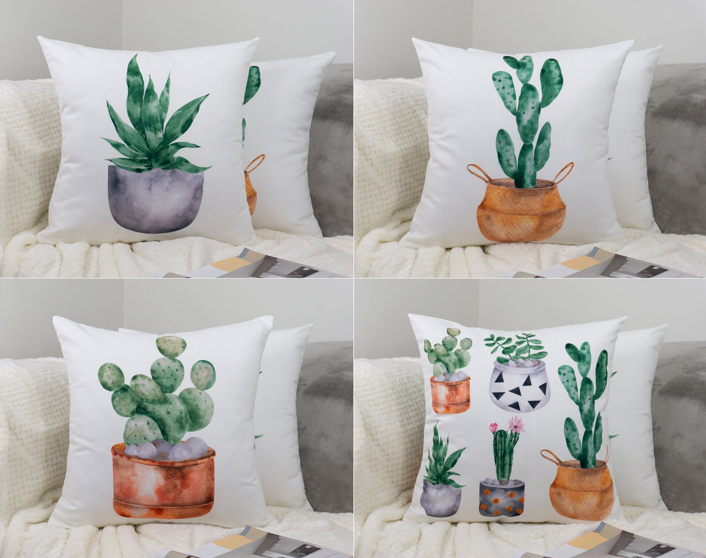 Cactus Pattern Design Set of 4 Velvet Cushion Set 18" x 18" for Home, Livingroom, Bedroom, Garden and Nursery Decor