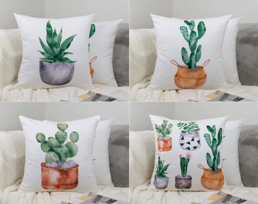 Cactus Pattern Design Set of 4 Velvet Cushion Set 18" x 18" for Home, Livingroom, Bedroom, Garden and Nursery Decor