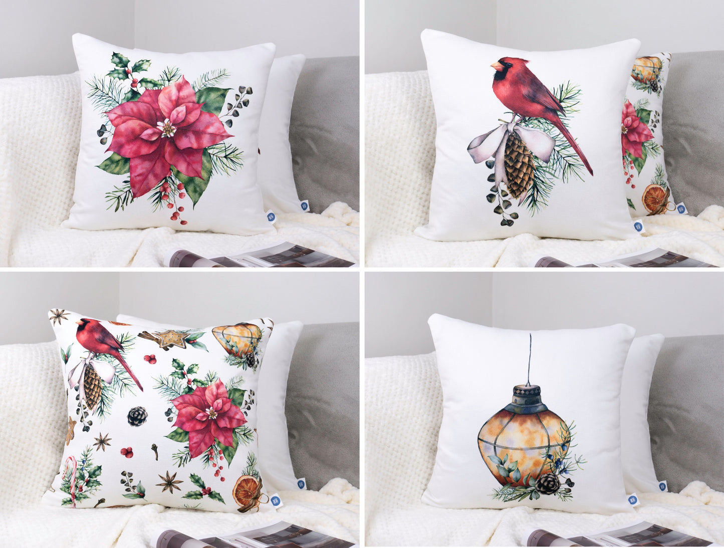 Christmas Cushion Covers, Double Sided Set of 4 Decorative Pillowcases 45x45cm