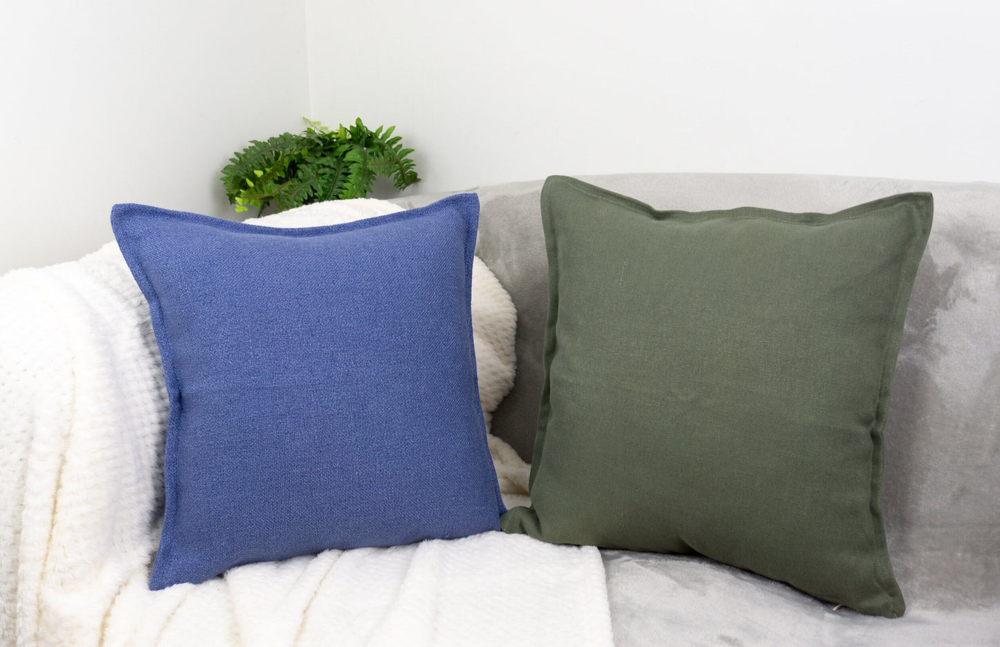 Handmade Cotton Linen Blue Decorative Cushion Cover,  Blue Linen Pillow Cover 17x17Inches, 43x43cm