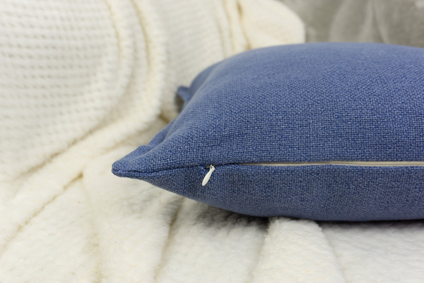 Handmade Cotton Linen Blue Decorative Cushion Cover,  Blue Linen Pillow Cover 17x17Inches, 43x43cm