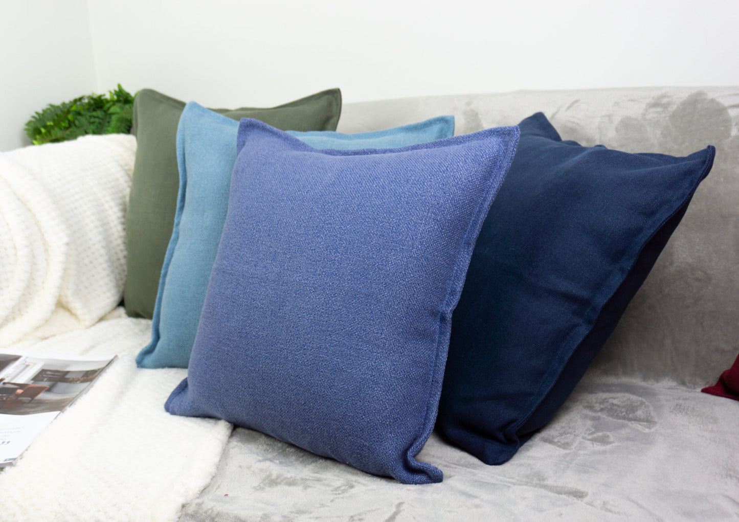 Handmade Cotton Linen Blue Decorative Cushion Cover,  Blue Linen Pillow Cover 17x17Inches, 43x43cm