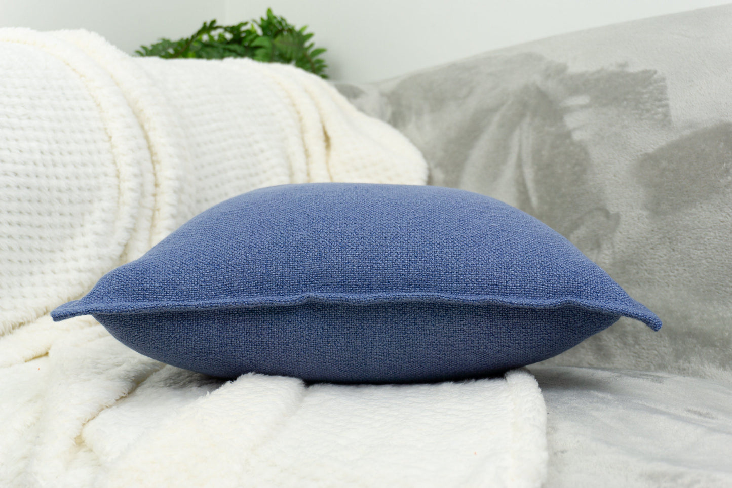 Handmade Cotton Linen Blue Decorative Cushion Cover,  Blue Linen Pillow Cover 17x17Inches, 43x43cm