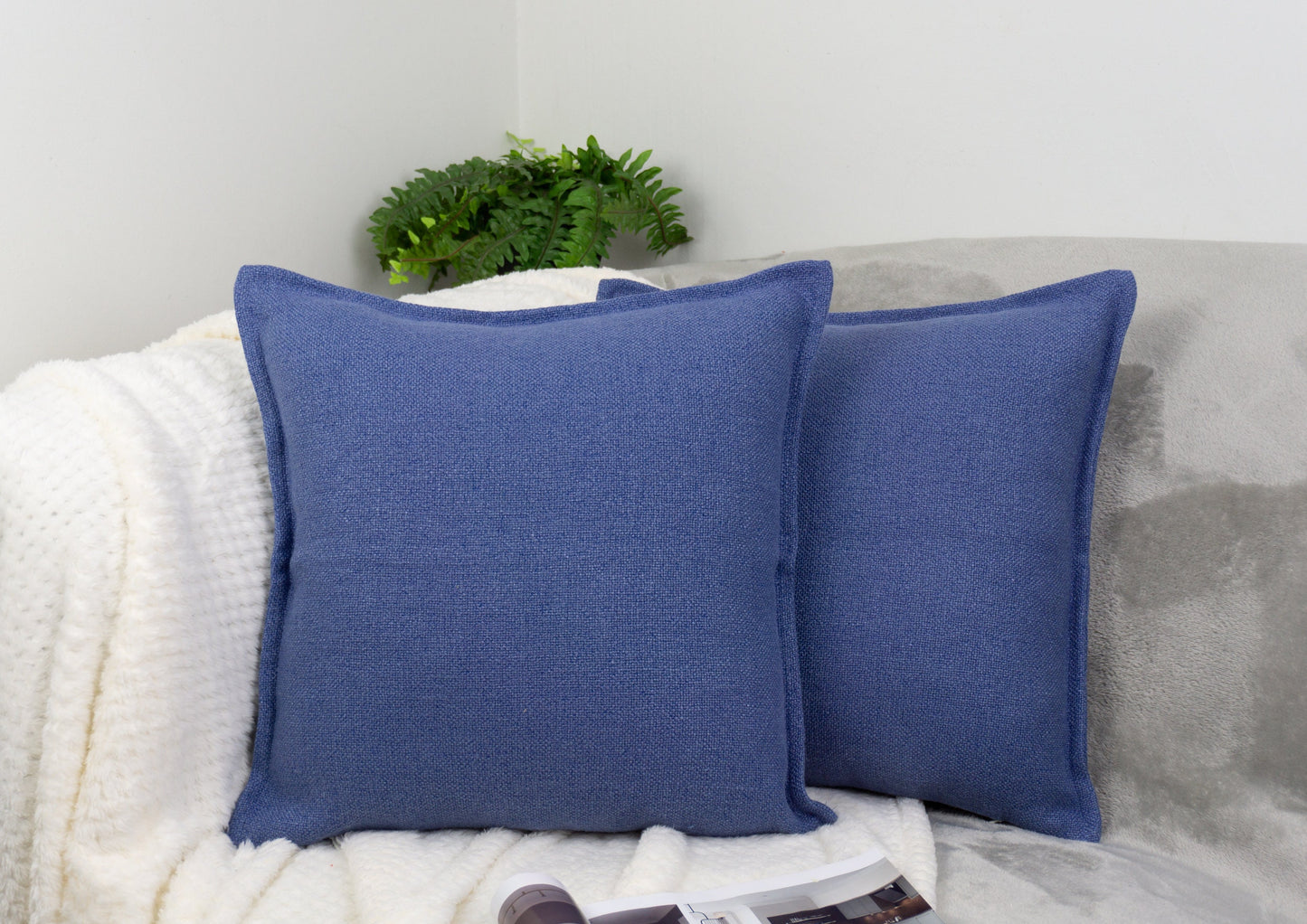 Handmade Cotton Linen Blue Decorative Cushion Cover,  Blue Linen Pillow Cover 17x17Inches, 43x43cm