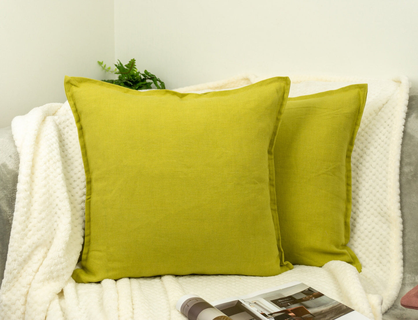 Natural Linen Yellow Cushion Covers 45x45cm, Flange Edge