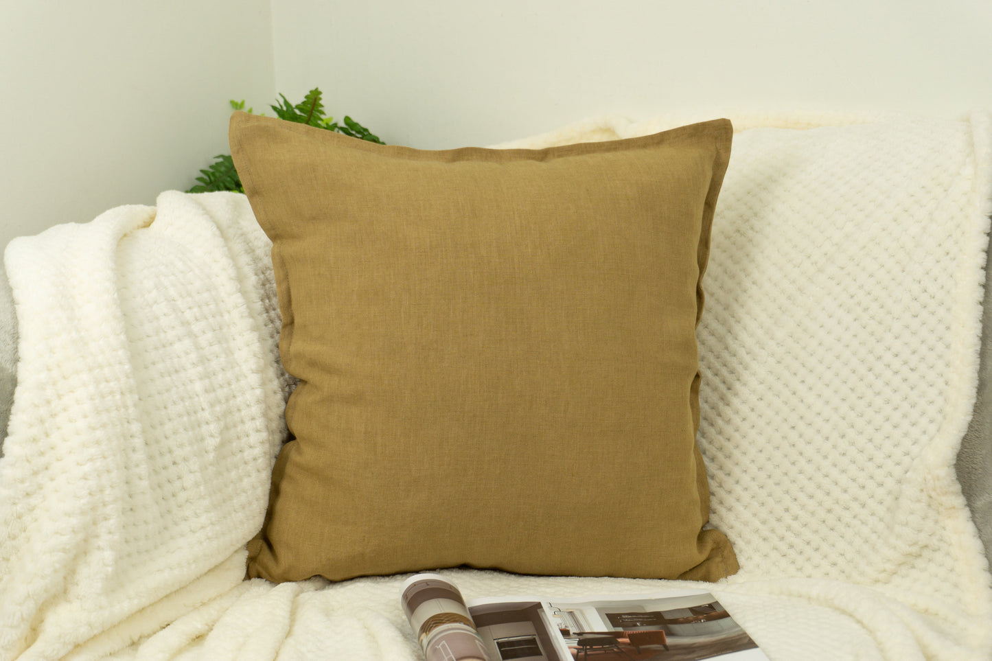 Natural Linen Mustard Cushion Cover, Mustard Linen Throw Pillow, 45x45cm