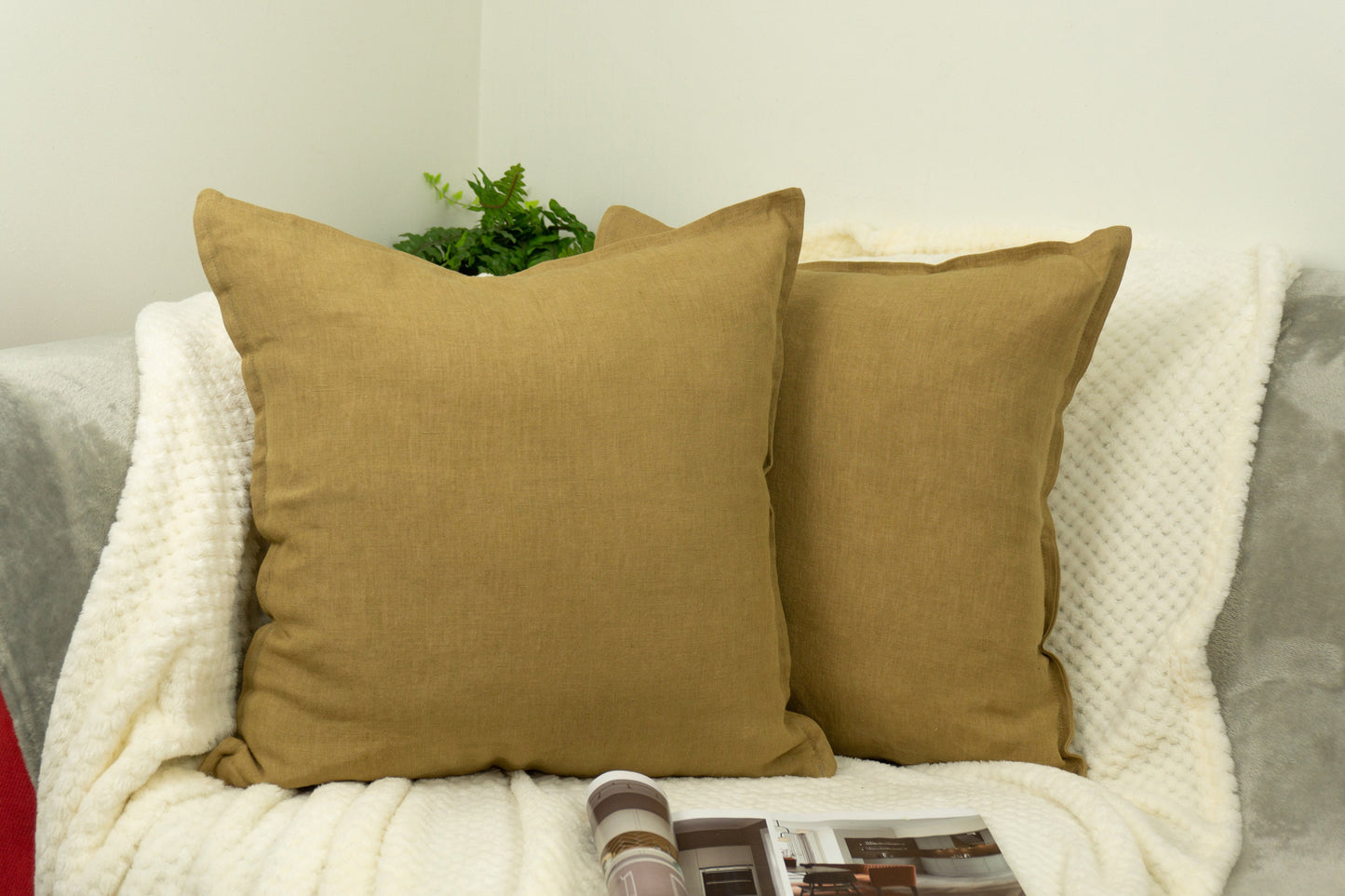 Natural Linen Mustard Cushion Cover, Mustard Linen Throw Pillow, 45x45cm