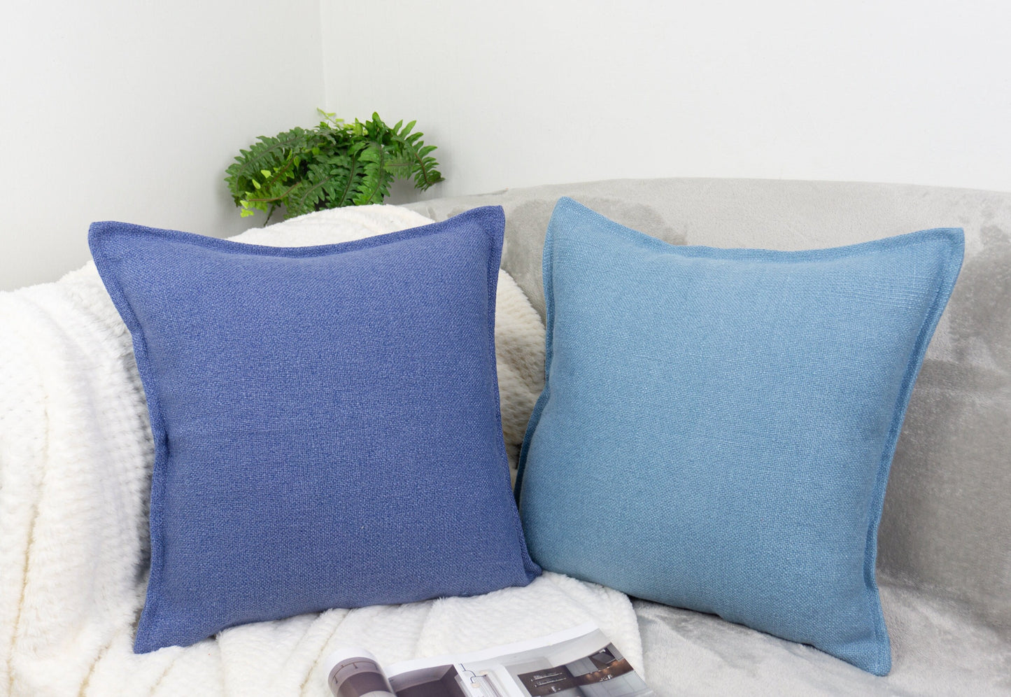 Handmade Cotton Linen Blue Decorative Cushion Cover,  Blue Linen Pillow Cover 17x17Inches, 43x43cm